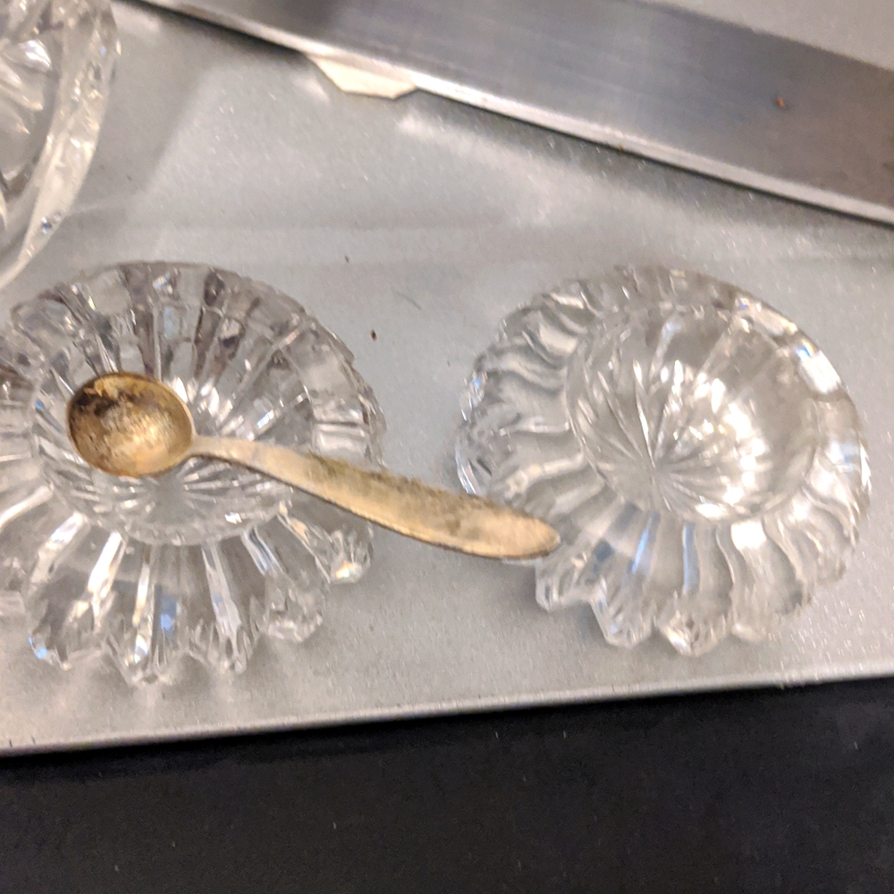 Salt & Pepper dish from Tiffany's with Stering spoon! & Creamer bowl.. Antique